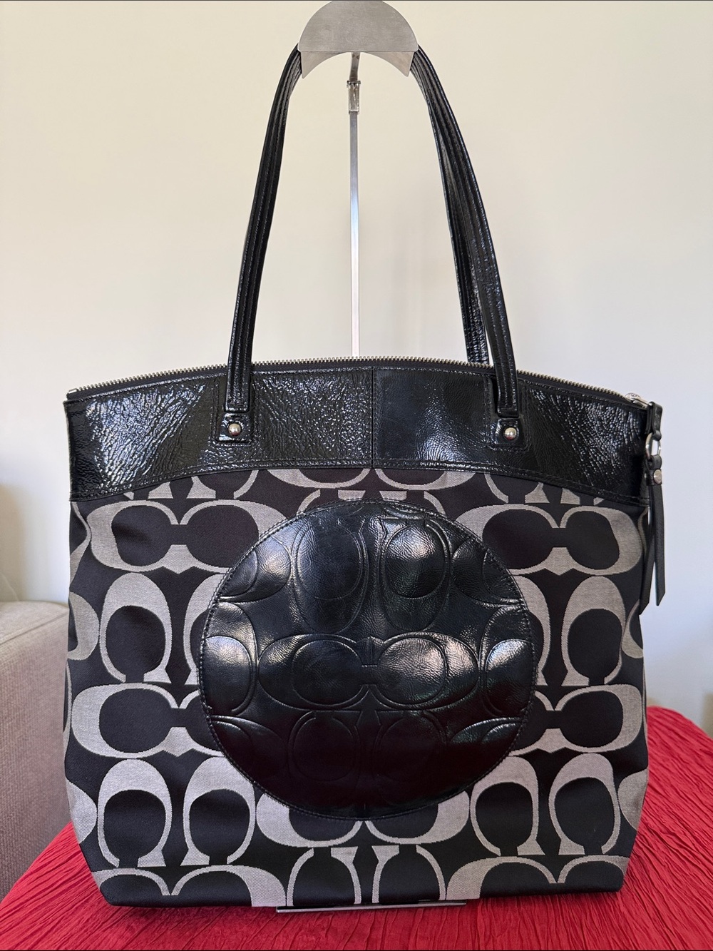 Coach Black Patterned Tote Handbag with Leather Accents